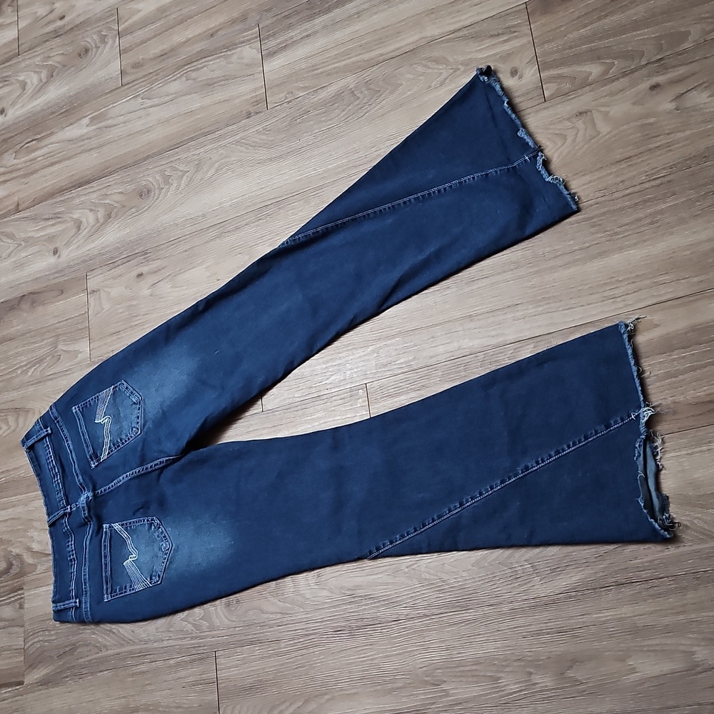 Denim Flare Leg Distressed Stretchy High Waist Blue Jeans Women's Large
